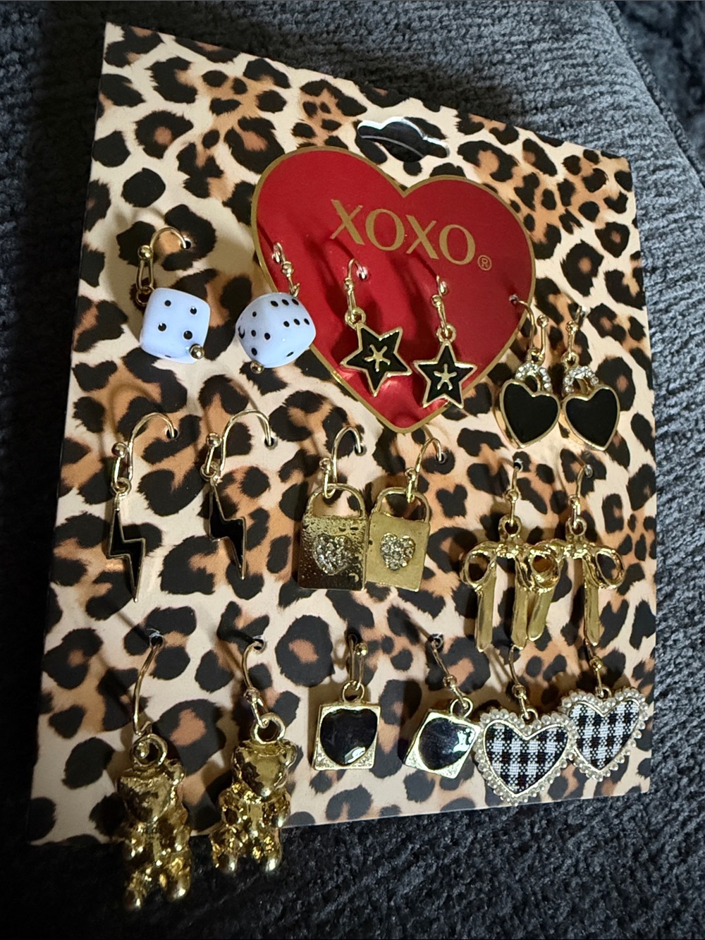 NWT XOXO Gold, Black & White Multi-Pair Earring Set 9 pairs, bears, bows, locks+